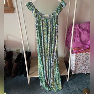 Loft never been worn green yellow and blue midi dress with tie waist
